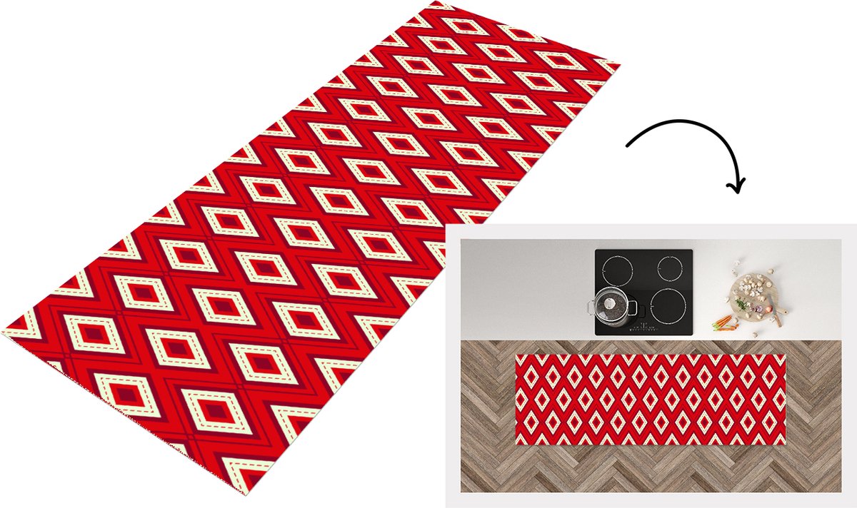 KitchenYeah Keukenloper - Loper keuken - Kerst - Patronen - Ruit - Rood - 180x60 cm - Keukenloper vinyl Multicolor