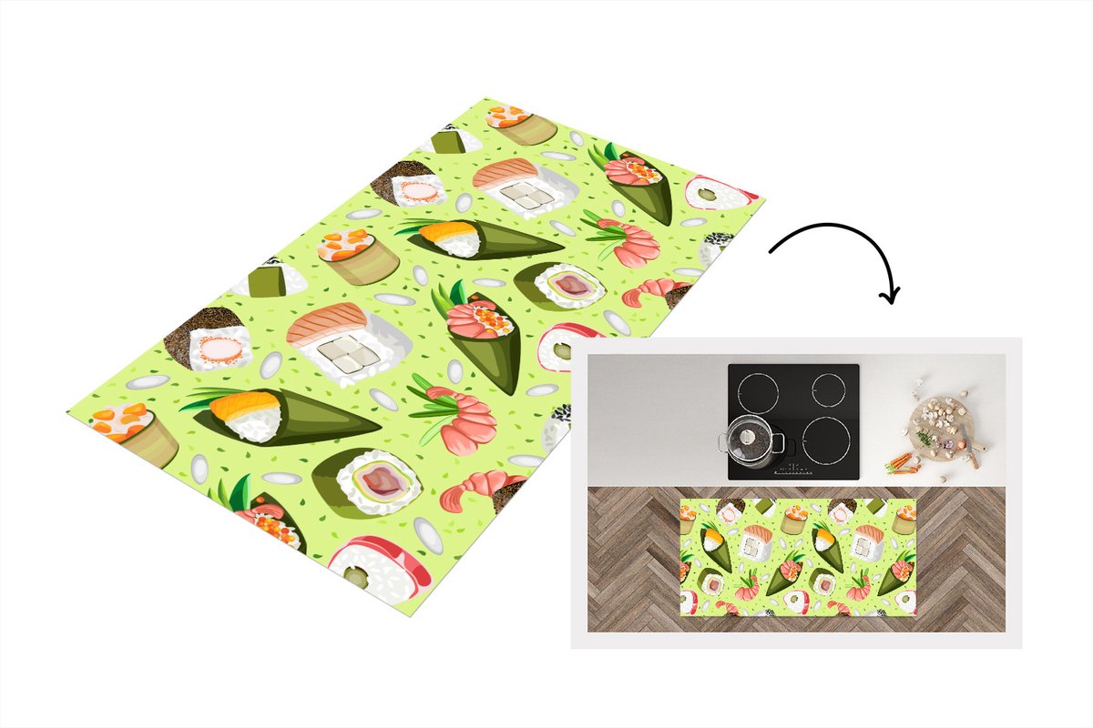 KitchenYeah Keukenloper - Loper keuken - Patronen - Sushi - Japan - Groen - 120x60 cm - Keukenloper vinyl Multicolor