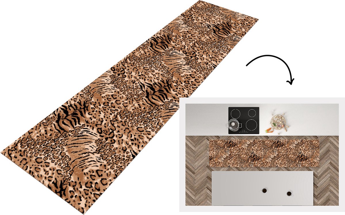 KitchenYeah Keukenloper - Loper keuken - Patronen - Tijger - Luipaardprint - 200x50 cm - Keukenloper vinyl Multicolor