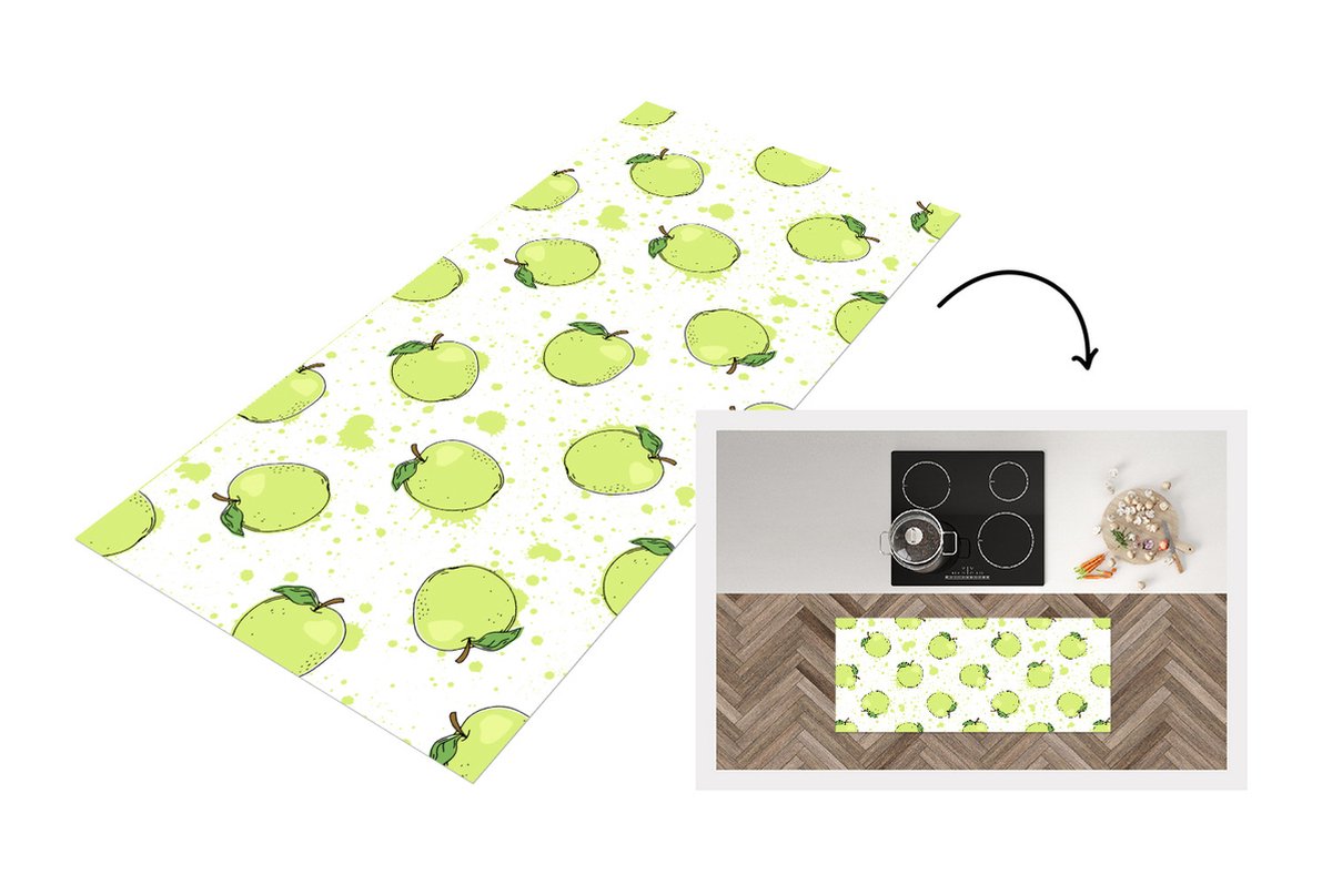 Keukenloper - Loper keuken - Waterverf - Appel - Groen - Patronen - 120x50 cm - Keukenloper vinyl