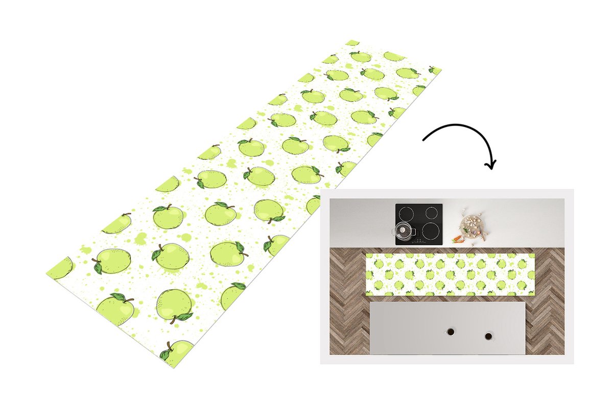 KitchenYeah Keukenloper - Loper keuken - Waterverf - Appel - Groen - Patronen - 200x50 cm - Keukenloper vinyl Multicolor