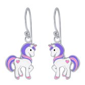 Joy|S - Zilveren pony oorbellen - eenhoorn oorhangers - unicorn paars roze