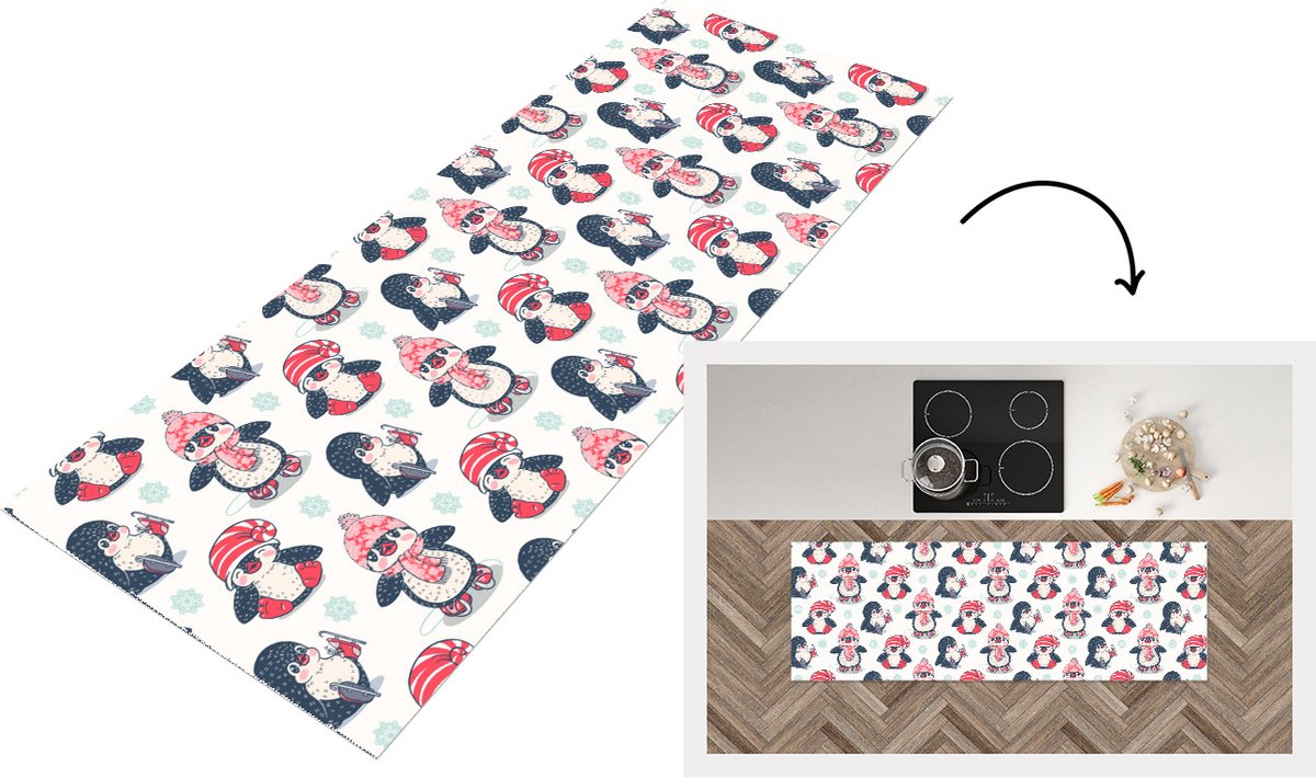 KitchenYeah Keukenloper - Loper keuken - Schaatsen - Patronen - Pinguïn - 180x60 cm - Keukenloper vinyl Multicolor