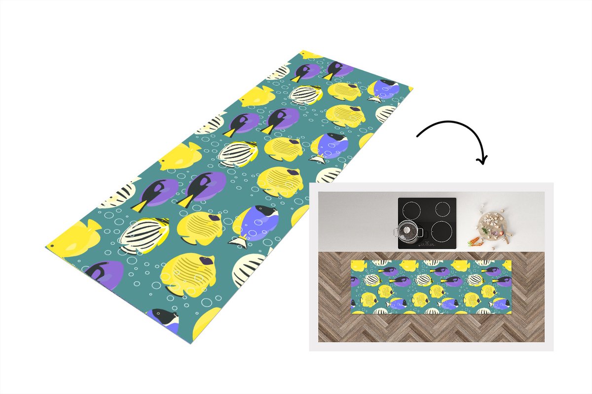 KitchenYeah Keukenloper - Loper keuken - Patronen - Vissen - Water - 180x60 cm - Keukenloper vinyl Multicolor