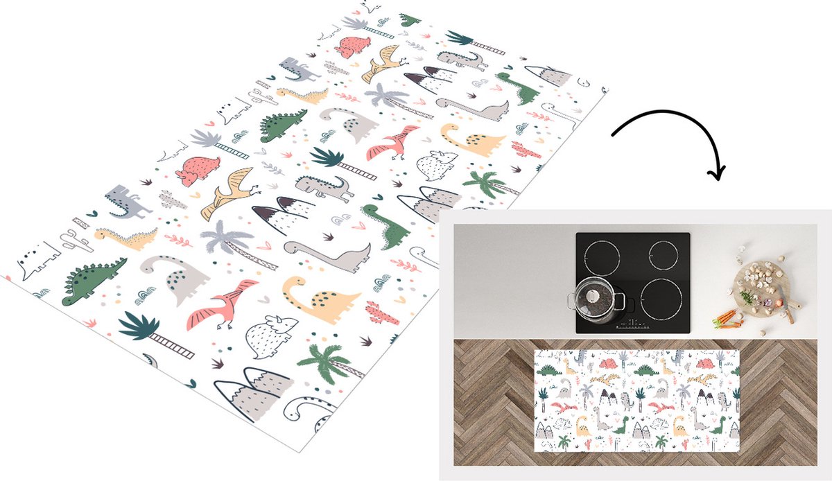 KitchenYeah Keukenloper - Loper keuken - Patronen - Dino - Boom - 120x60 cm - Keukenloper vinyl Multicolor