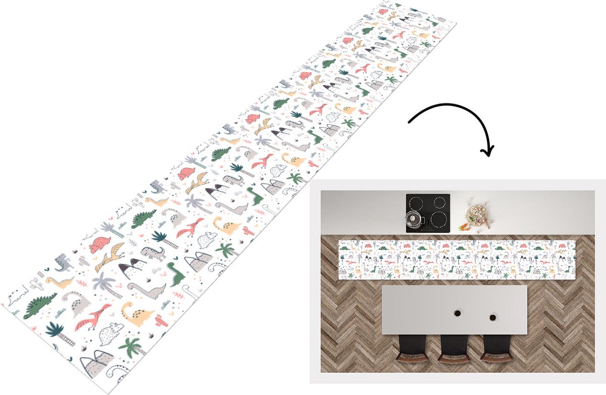 KitchenYeah Keukenloper - Loper keuken - Patronen - Dino - Boom - 300x50 cm - Keukenloper vinyl Multicolor