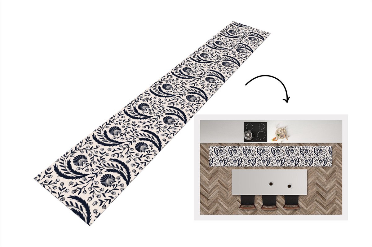 KitchenYeah Keukenloper - Loper keuken - Patroon - Bloem - Zwart - Keukenloper vinyl, foto 2