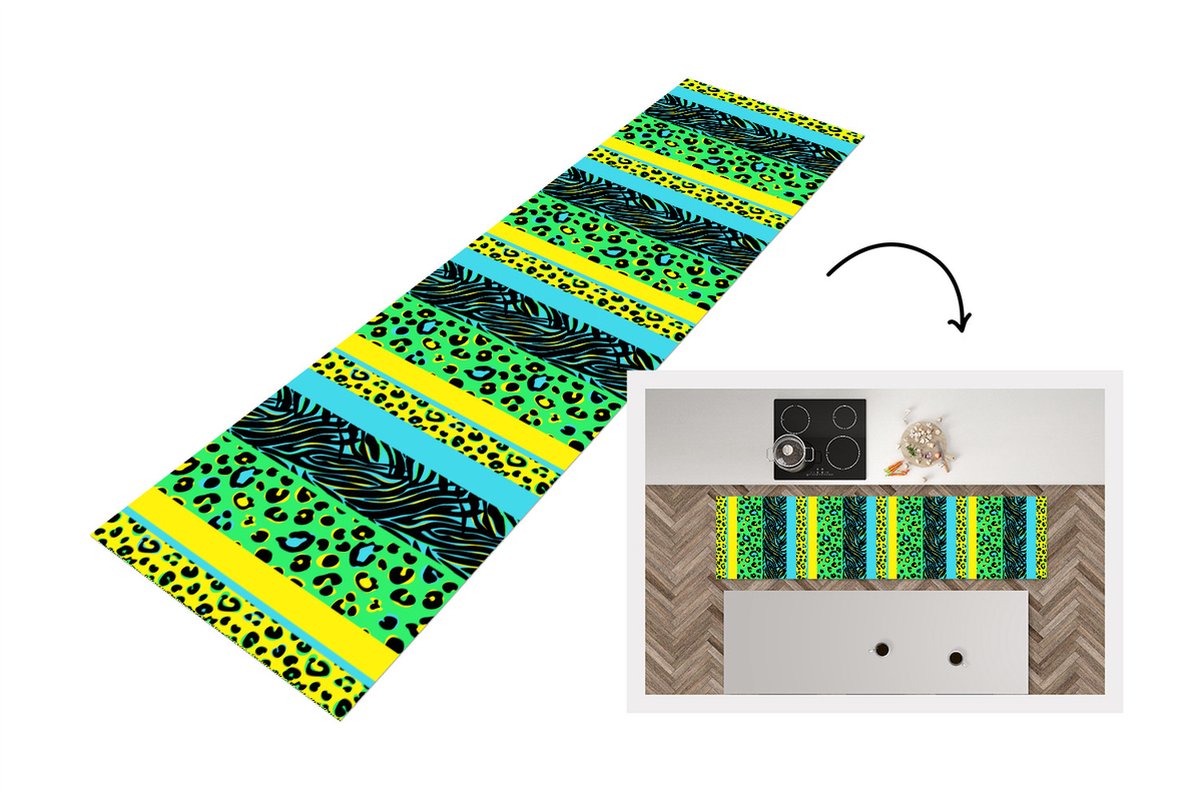 KitchenYeah Keukenloper - Loper keuken - Design - Panterprint - Geel - Groen - 240x60 cm - Keukenloper vinyl Multicolor