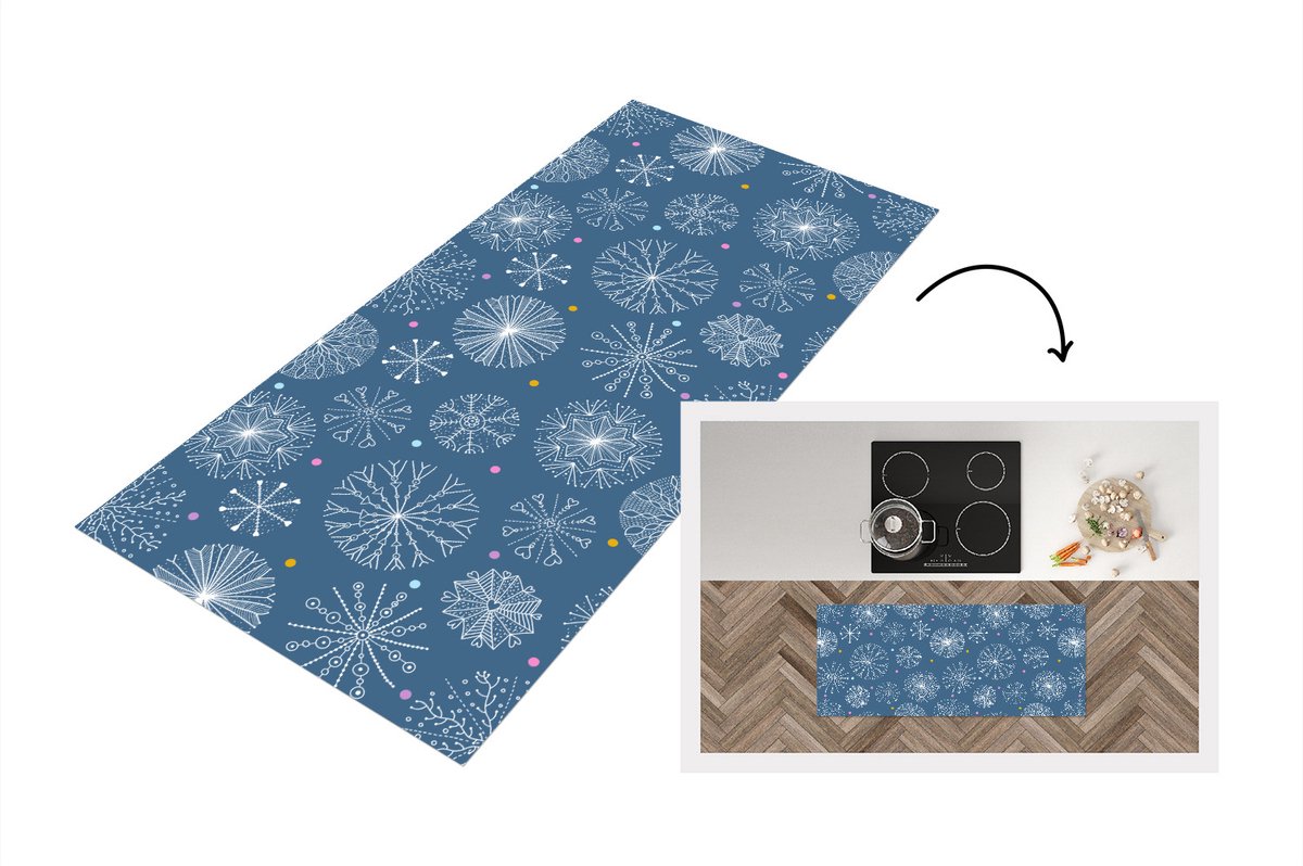 KitchenYeah Keukenloper - Loper keuken - Sneeuwvlok - Patroon - Winter - 120x50 cm - Keukenloper vinyl Multicolor