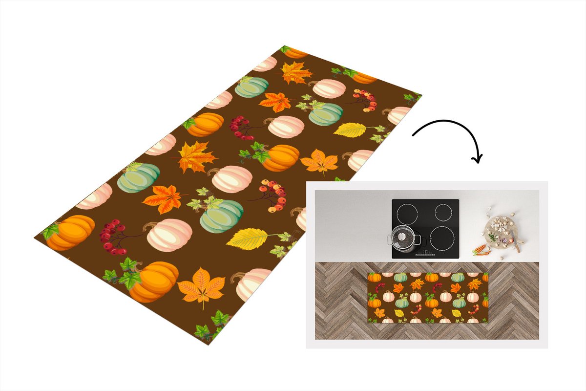 KitchenYeah Keukenloper - Loper keuken - Herfst - Pompoenen - Patronen - 120x50 cm - Keukenloper vinyl Multicolor