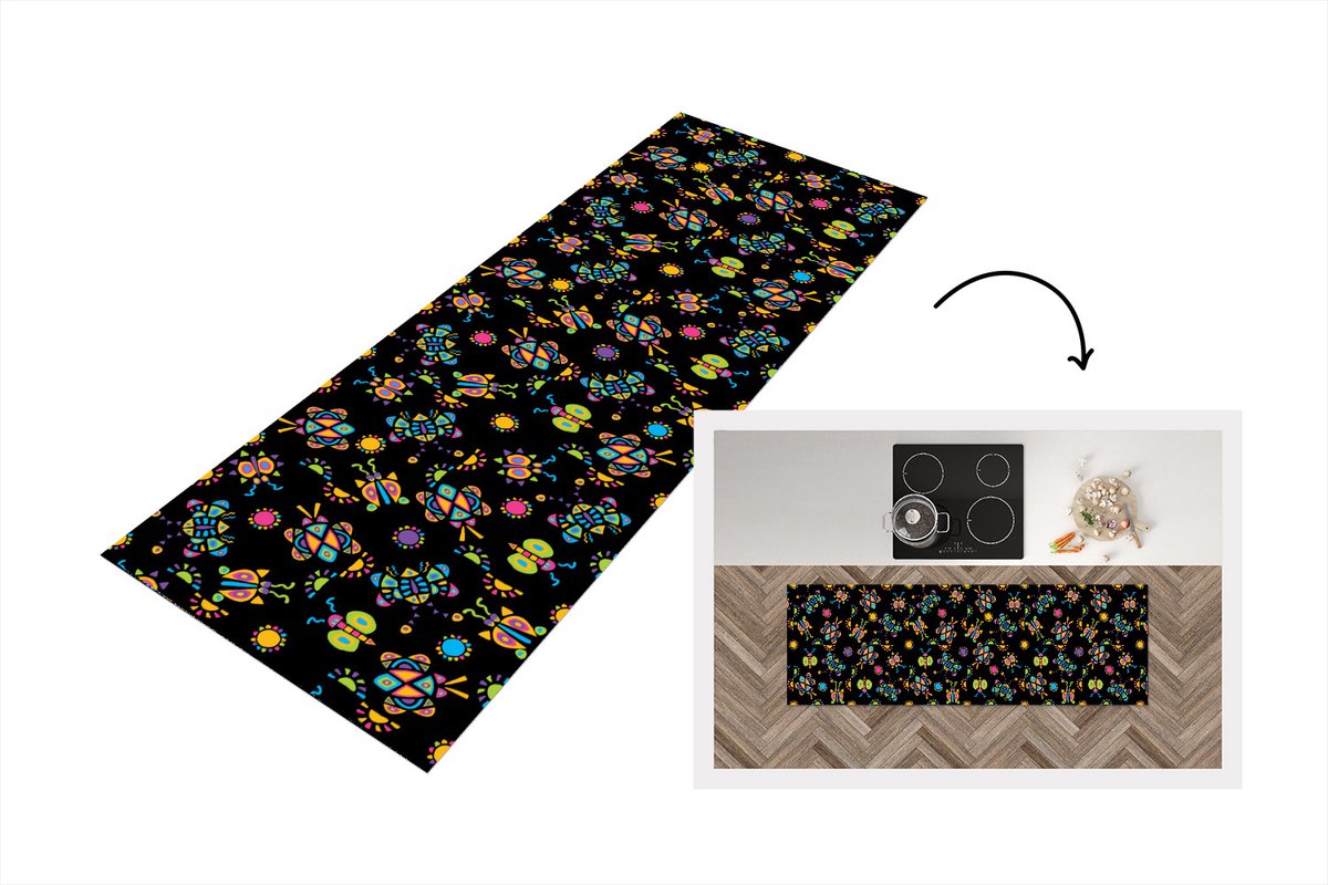 KitchenYeah Keukenloper - Loper keuken - Vlinder - Patroon - Insecten - 180x60 cm - Keukenloper vinyl Multicolor