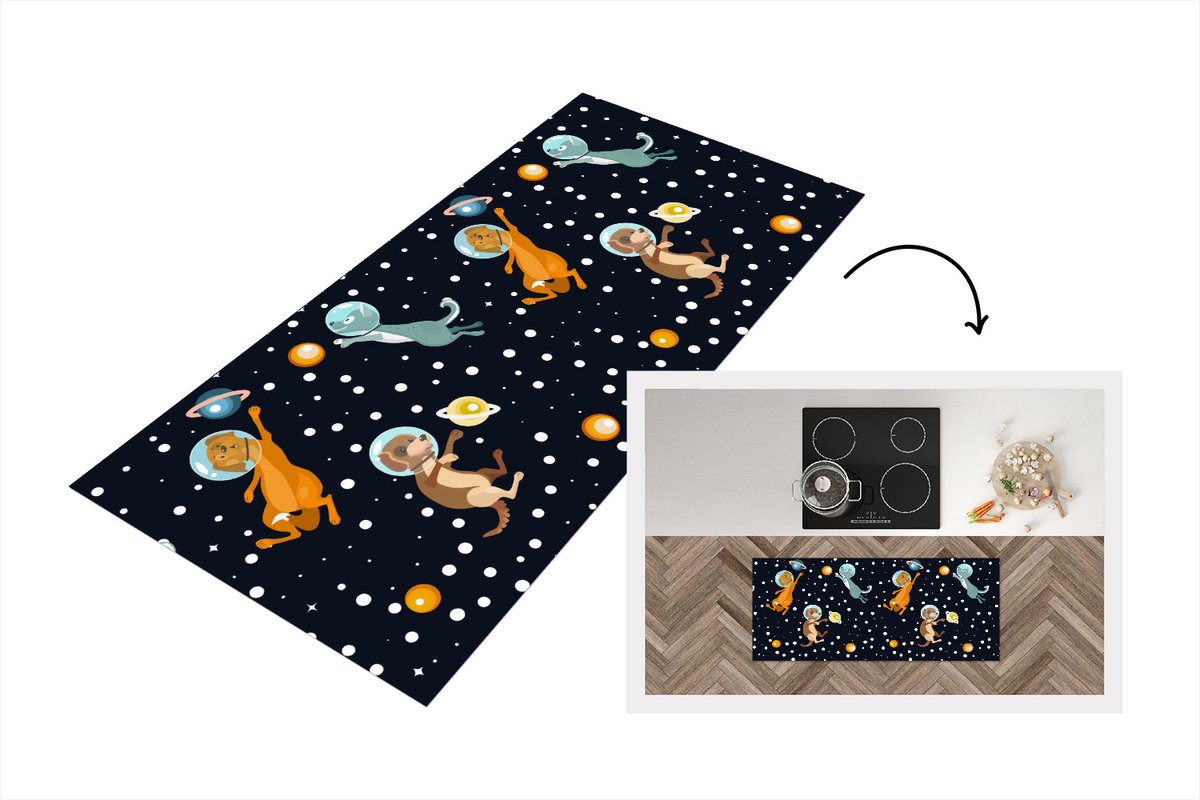 KitchenYeah Keukenloper - Loper keuken - Planeten - Hond - Patroon - 120x50 cm - Keukenloper vinyl Multicolor
