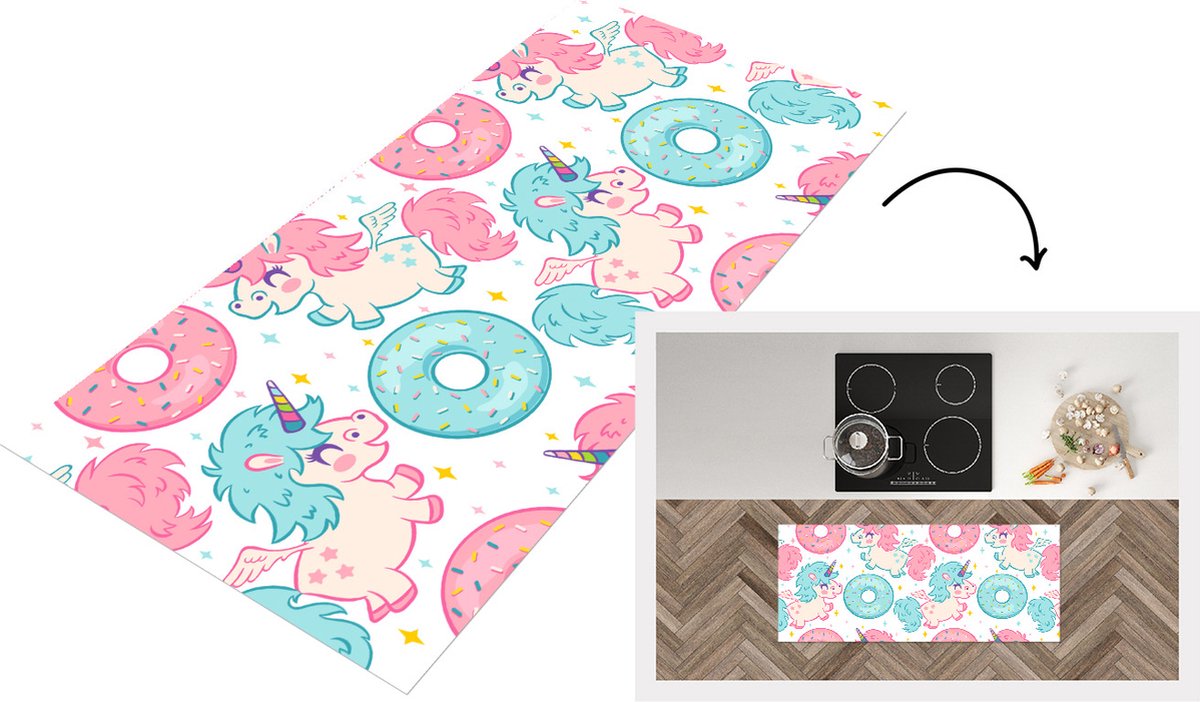KitchenYeah Keukenloper - Loper keuken - Eenhoorn - Donut - Baby - 120x50 cm - Keukenloper vinyl Multicolor