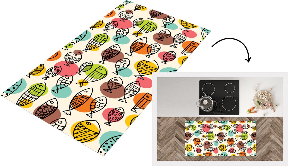 KitchenYeah Keukenloper - Loper keuken - Stippen - Vis - Regenboog - 120x60 cm - Keukenloper vinyl Multicolor