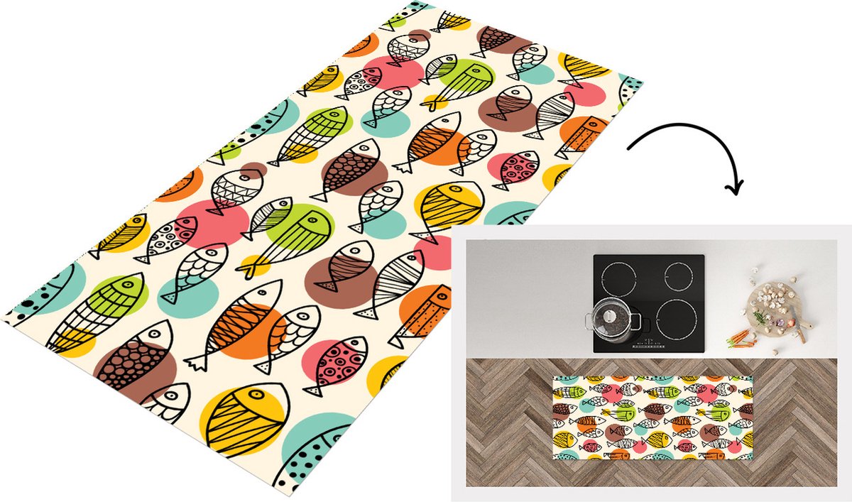 KitchenYeah Keukenloper - Loper keuken - Stippen - Vis - Regenboog - 120x50 cm - Keukenloper vinyl Multicolor