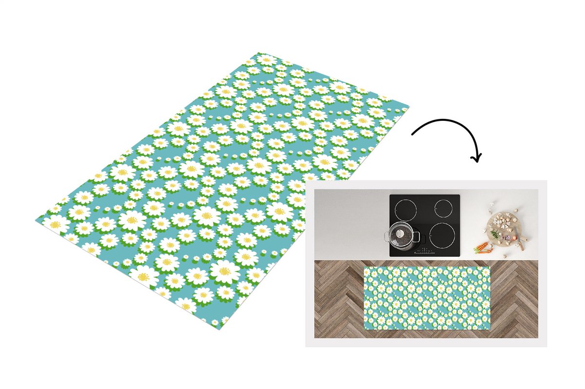 KitchenYeah Keukenloper - Loper keuken - Bloemen - Patroon - Madelief - 120x60 cm - Keukenloper vinyl Multicolor