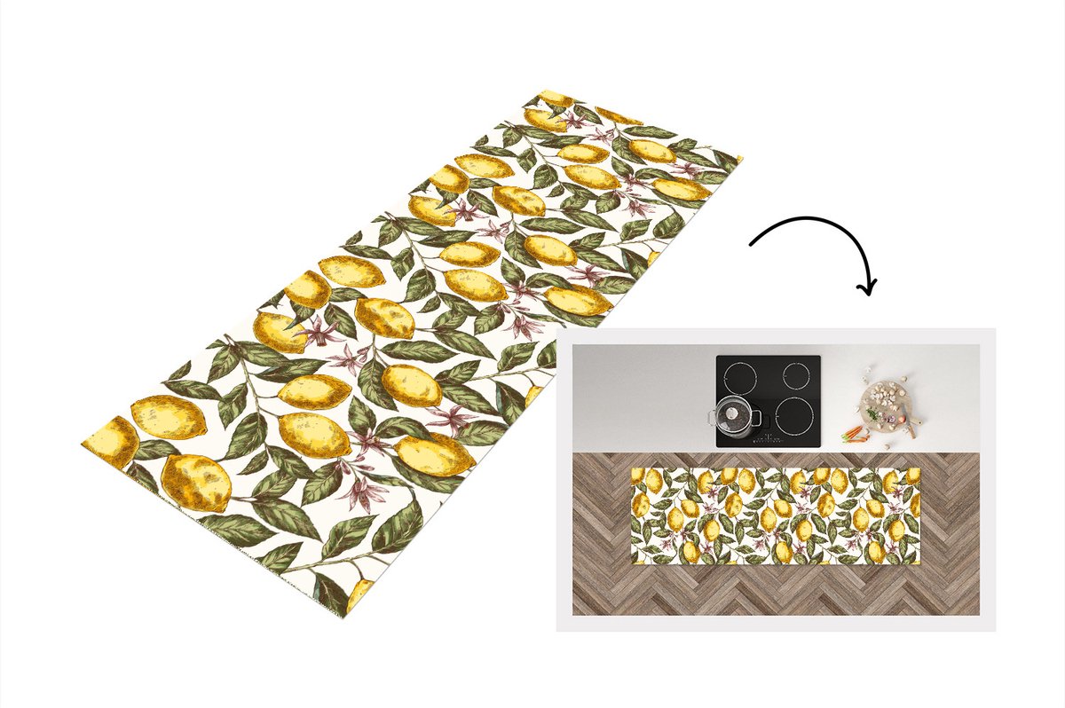 KitchenYeah Keukenloper - Loper keuken - Patroon - Bloemen - Citroenen - Citrus - 180x60 cm - Keukenloper vinyl Multicolor