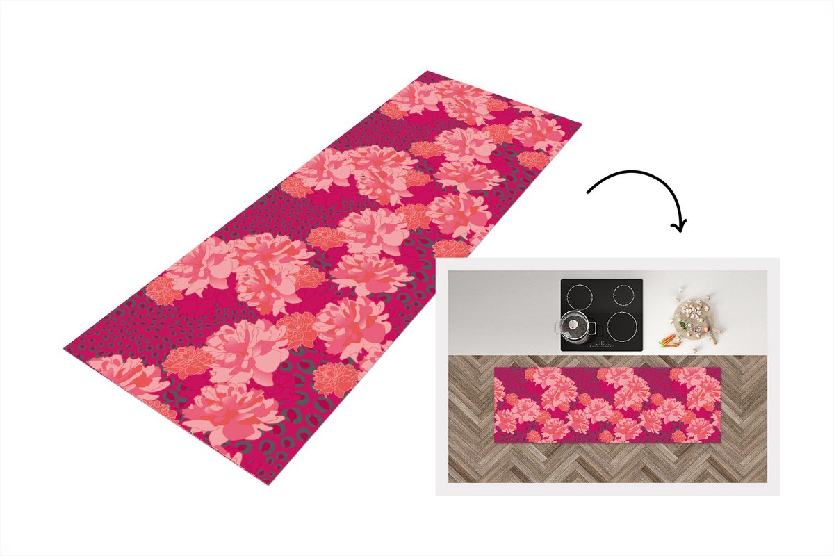 KitchenYeah Keukenloper - Loper keuken - Luipaard - Dierenprint - Pioenroos - Patroon - 180x60 cm - Keukenloper vinyl Multicolor