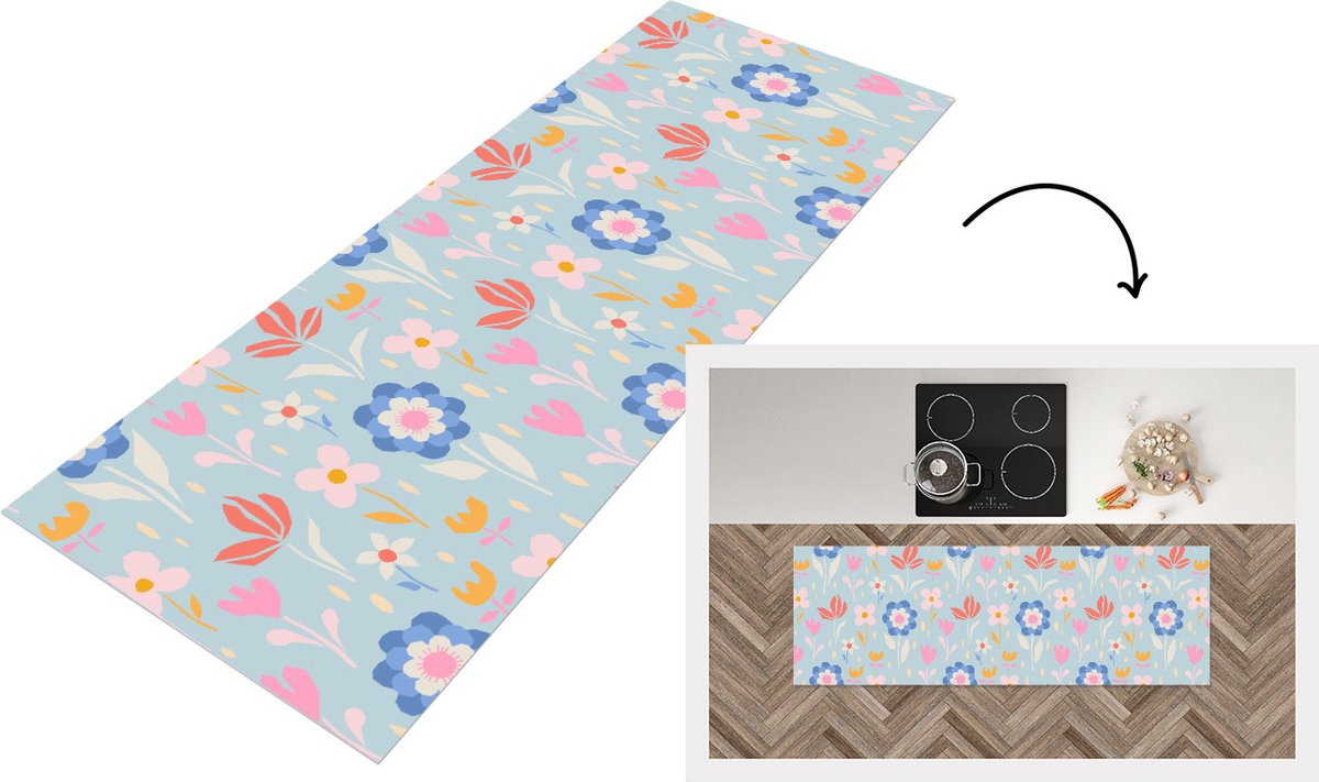 KitchenYeah Keukenloper - Loper keuken - Bloemen - Planten - Patroon - 180x60 cm - Keukenloper vinyl Multicolor