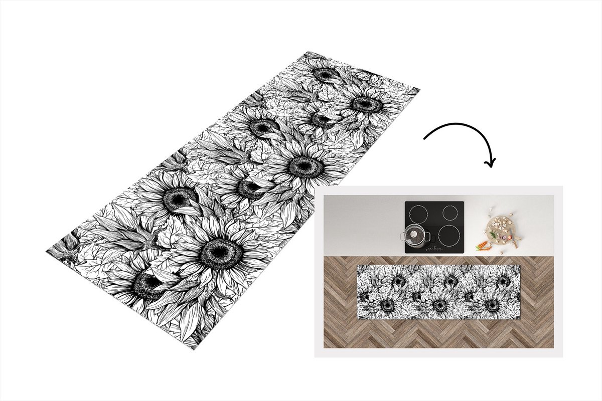 KitchenYeah Keukenloper - Loper keuken - Bloemen - Zonnebloem - Patroon - 180x60 cm - Keukenloper vinyl Multicolor