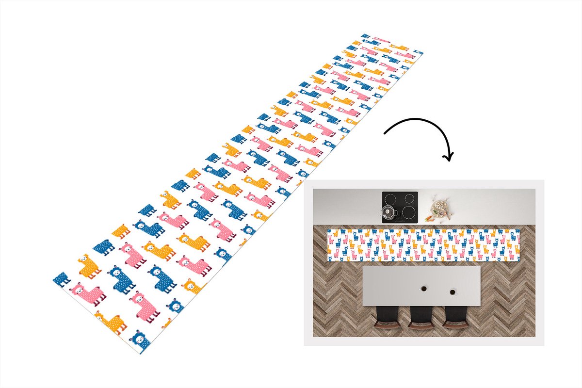 KitchenYeah Keukenloper - Loper keuken - Lama - Dieren - Patronen - Roze - Blauw - 300x50 cm - Keukenloper vinyl Multicolor