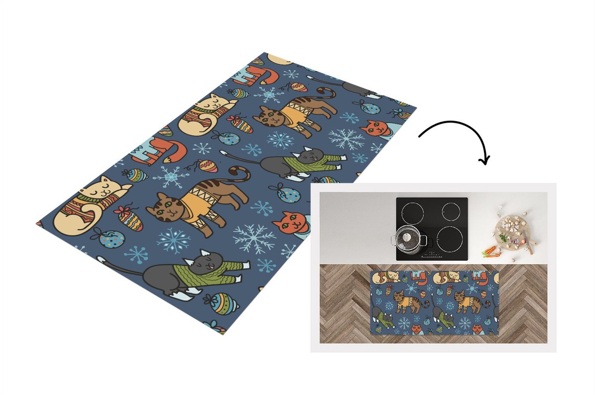 KitchenYeah Keukenloper - Loper keuken - Kat - Dieren - Kerst - Patroon - 120x60 cm - Keukenloper vinyl Multicolor
