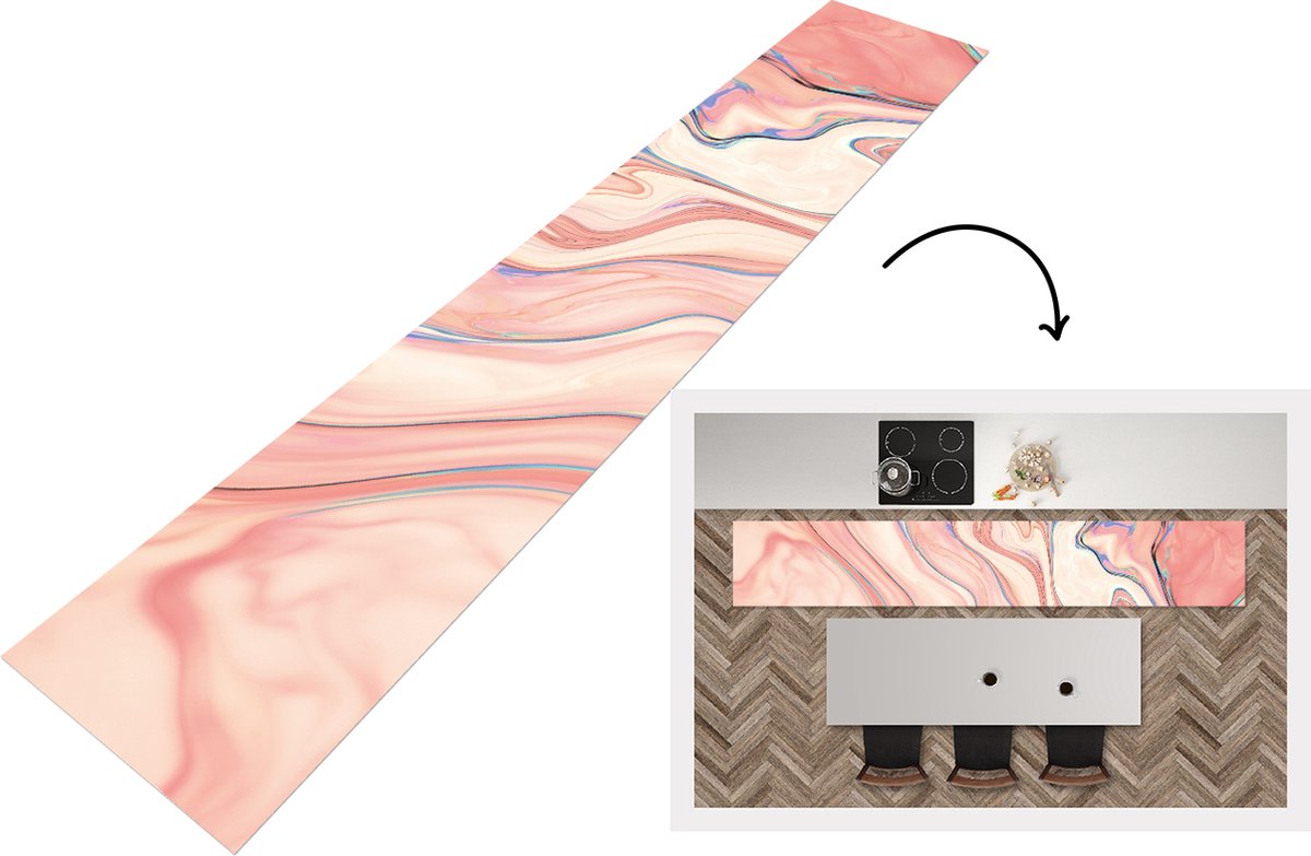 KitchenYeah Keukenloper - Loper keuken - Marmer - Pastel - Roze - 300x50 cm - Keukenloper vinyl Multicolor