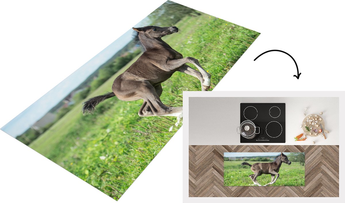 KitchenYeah Keukenloper - Loper keuken - Paard - Bloemen - Gras - Keukenloper vinyl Multicolor