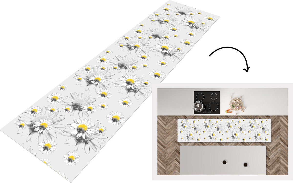 Keukenloper - Loper keuken - Madelief - Kamille - Bloemen - Patronen - 240x60 cm - Keukenloper vinyl