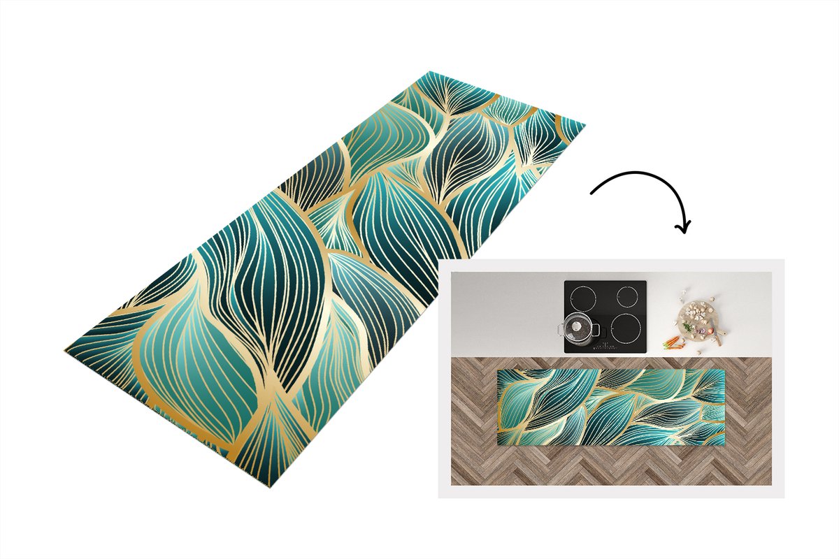 KitchenYeah Keukenloper - Loper keuken - Gouden golven op een blauwe achtergrond - 180x60 cm - Keukenloper vinyl Multicolor
