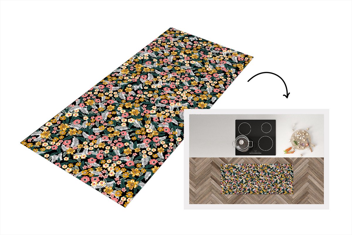 KitchenYeah Keukenloper - Loper keuken - Bloemen - Regenboog - Patronen - 120x50 cm - Keukenloper vinyl Multicolor