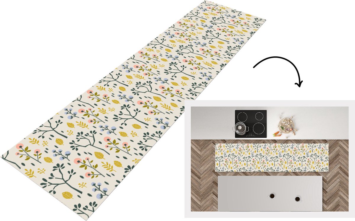 KitchenYeah Keukenloper - Loper keuken - Flora - Patroon - Geel - Roze - 200x50 cm - Keukenloper vinyl Multicolor