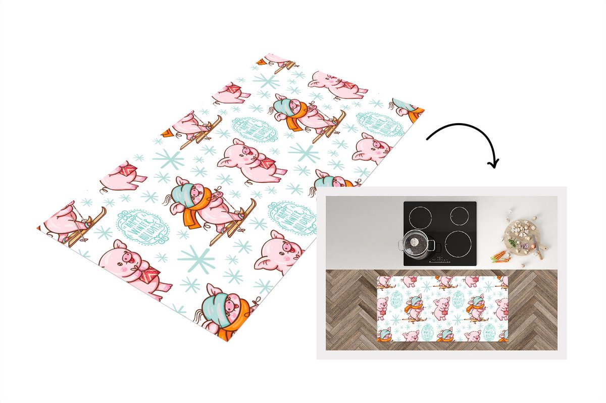 KitchenYeah Keukenloper - Loper keuken - Winter - Varkens - Sneeuw - Patroon - Skiën - 120x60 cm - Keukenloper vinyl Multicolor