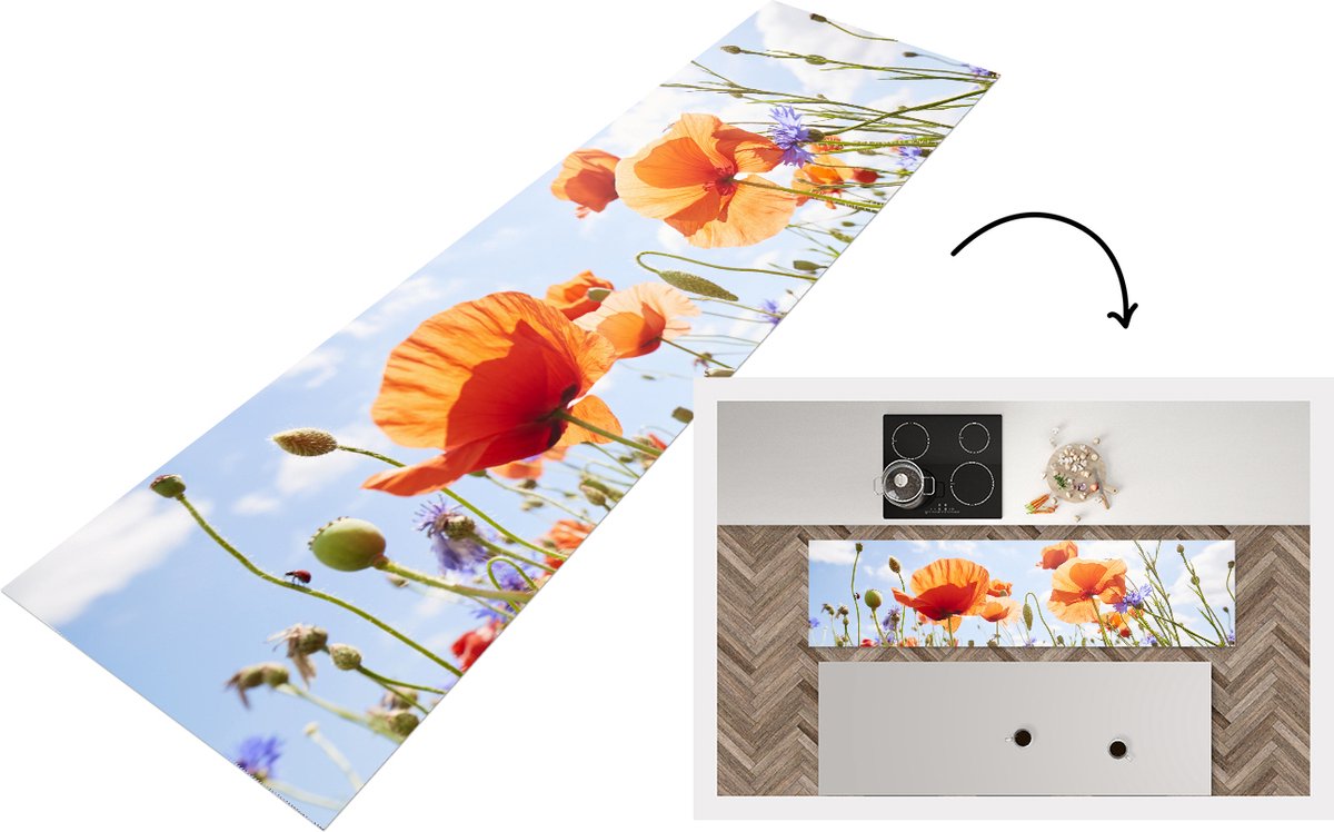 KitchenYeah Keukenloper - Loper keuken - Klaproos - Kleuren - Lente - 240x60 cm - Keukenloper vinyl Multicolor