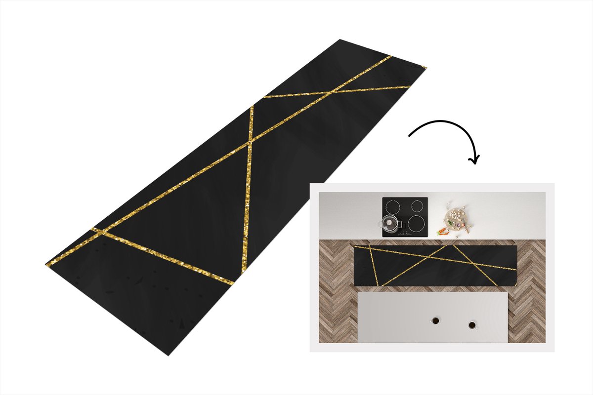 KitchenYeah Keukenloper - Loper keuken - Geometrisch patroon van gouden lijnen op een zwarte achtergrond - 240x60 cm - Keukenloper vinyl Multicolor