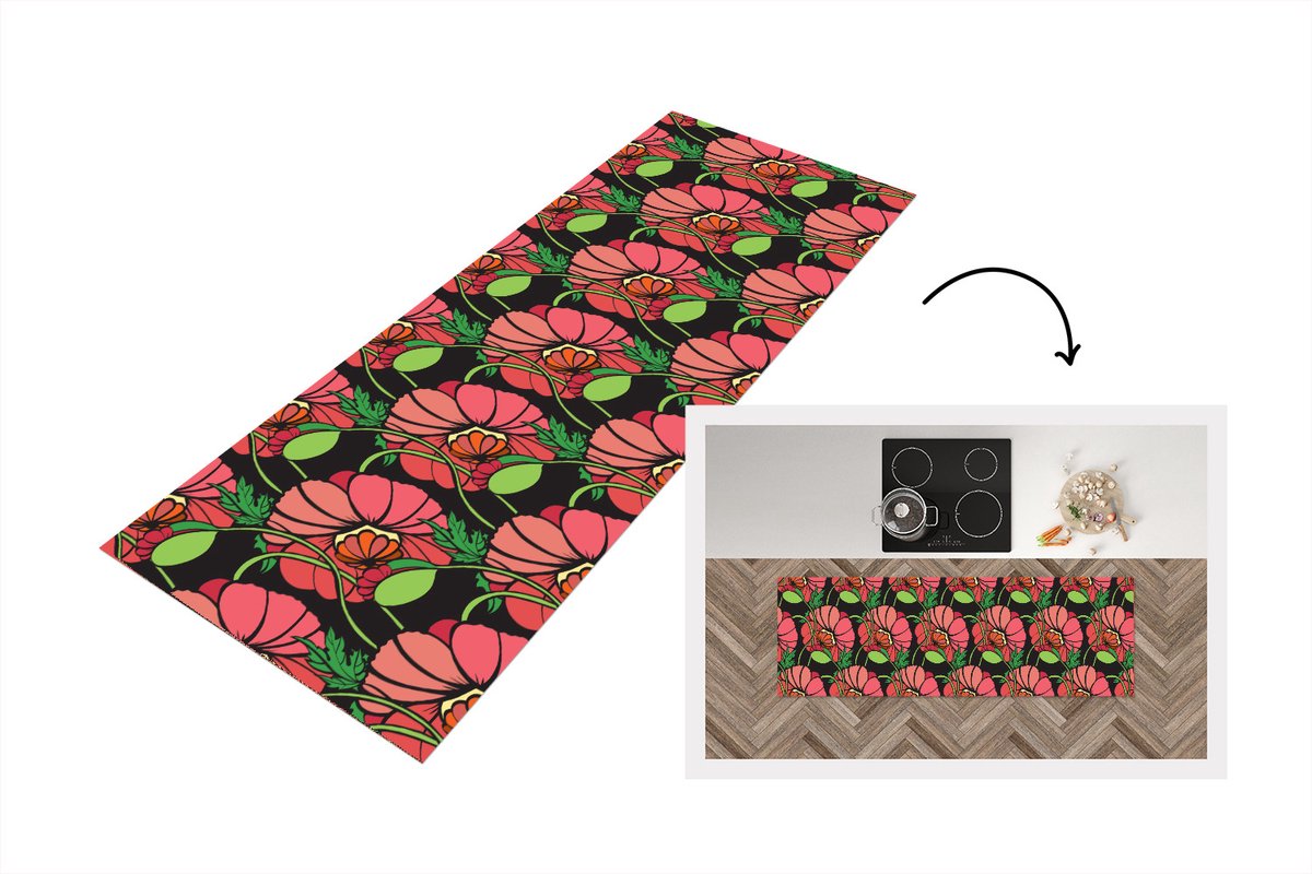 KitchenYeah Keukenloper - Loper keuken - Bloemen - Natuur - Roze - Patroon - 180x60 cm - Keukenloper vinyl Multicolor