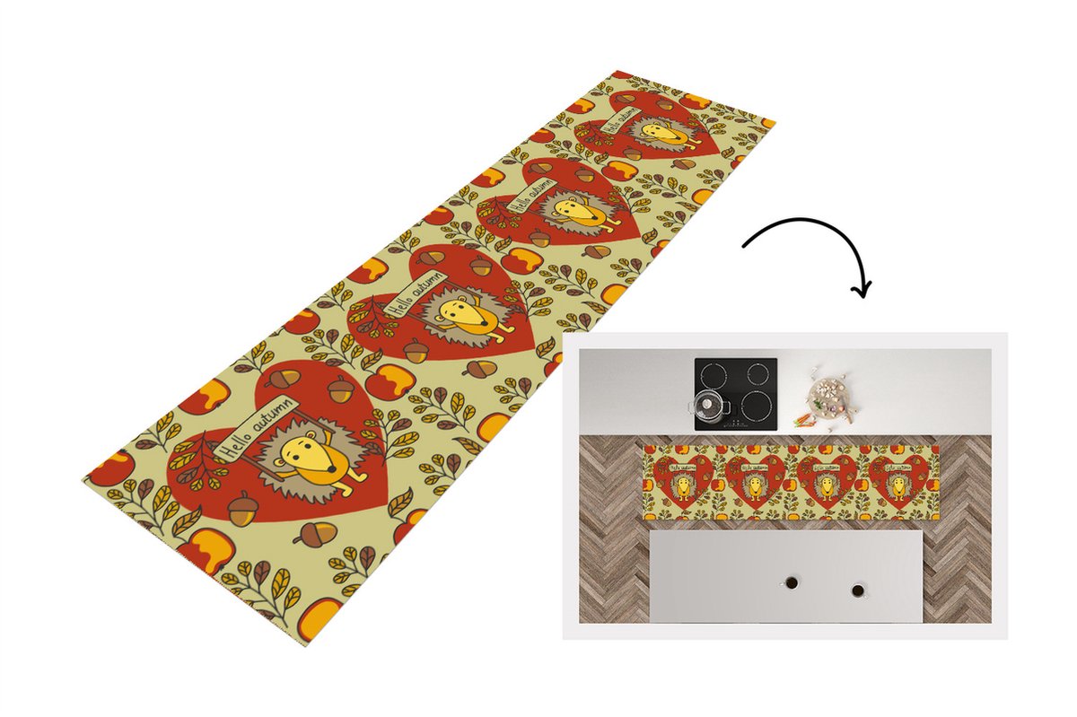 KitchenYeah Keukenloper - Loper keuken - Egel - Herfst - Seizoenen - Kind - Design - 200x50 cm - Keukenloper vinyl Multicolor
