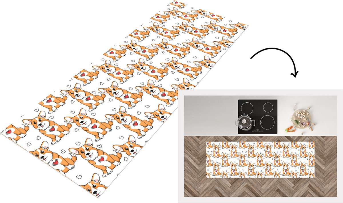 KitchenYeah Keukenloper - Loper keuken - Hond - Hart - Patronen - Jongen - 180x60 cm - Keukenloper vinyl Multicolor