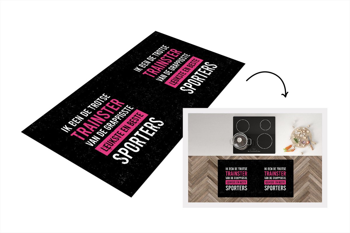 KitchenYeah Keukenloper - Loper keuken - Vrouw - Spreuken - Trainer - Roze - 120x60 cm - Keukenloper vinyl Multicolor