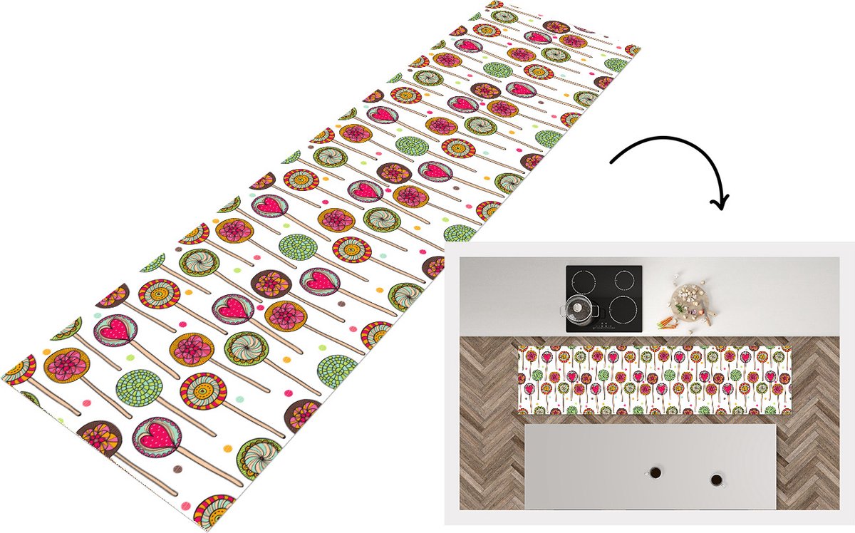 KitchenYeah Keukenloper - Loper keuken - Patroon - Lolly - Hartjes - Snoep - 200x50 cm - Keukenloper vinyl Multicolor