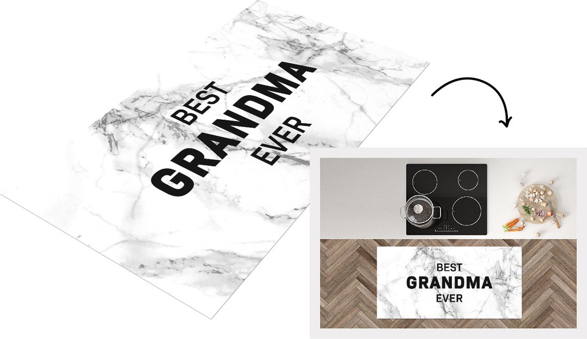 KitchenYeah Keukenloper - Loper keuken - Spreuken - Quotes Best Grandma Ever - Oma - Moederdag - Marmer - Oma cadeau - zwart wit - 120x60 cm - Keukenloper vinyl Zwart; Wit