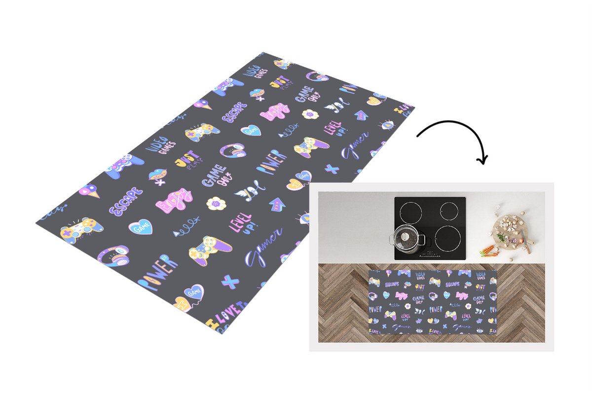KitchenYeah Keukenloper - Loper keuken - Meisjes - Gaming - Console - Patronen - 120x60 cm - Keukenloper vinyl Multicolor