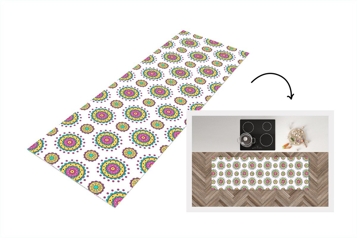 KitchenYeah Keukenloper - Loper keuken - Meisjes - Bloemen - Mandala - Patronen - 180x60 cm - Keukenloper vinyl Multicolor