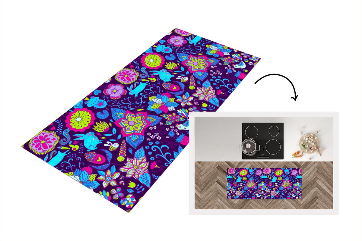 KitchenYeah Keukenloper - Loper keuken - Meisjes - Konijn - Roze - Patronen - Keukenloper vinyl Multicolor