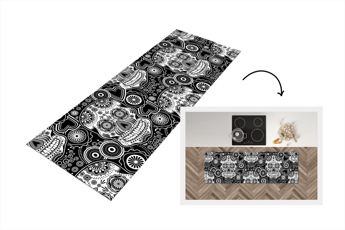 KitchenYeah Keukenloper - Loper keuken - Tieners - Skull - Bloemen - Patronen - 180x60 cm - Keukenloper vinyl Multicolor