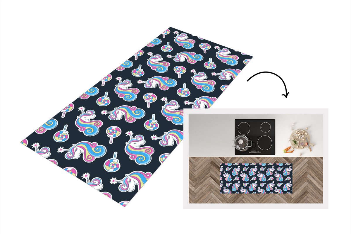 KitchenYeah Keukenloper - Loper keuken - Meisje - Unicorn - Lolly snoep - Patronen - 120x50 cm - Keukenloper vinyl Multicolor