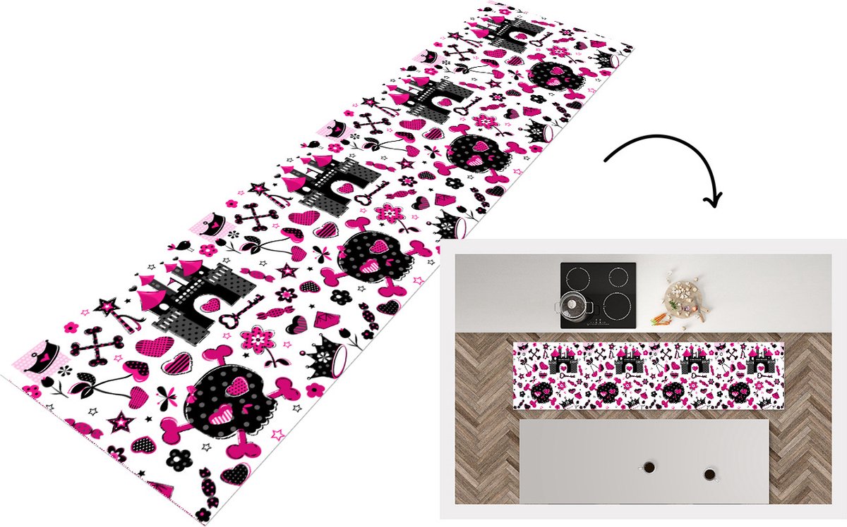KitchenYeah Keukenloper - Loper keuken - Meiden - Kroon - Hart - Patronen - 200x50 cm - Keukenloper vinyl Multicolor