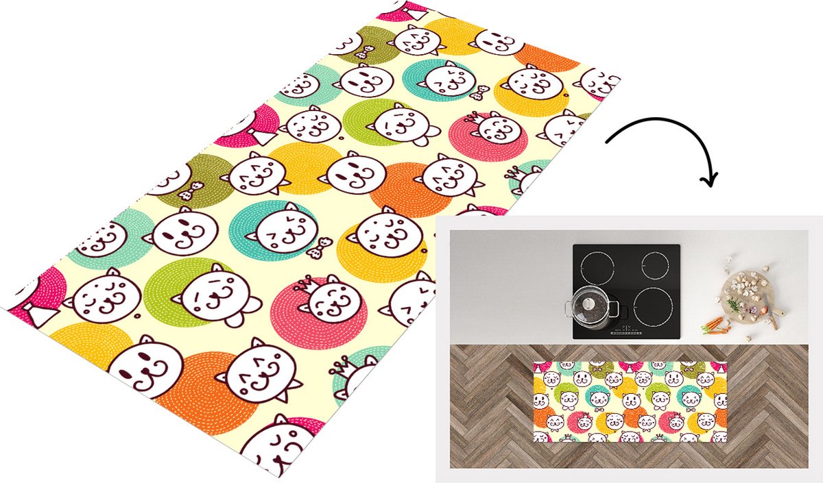 KitchenYeah Keukenloper - Loper keuken - Meisjes - Kat - Kroon - Patronen - 120x50 cm - Keukenloper vinyl Multicolor