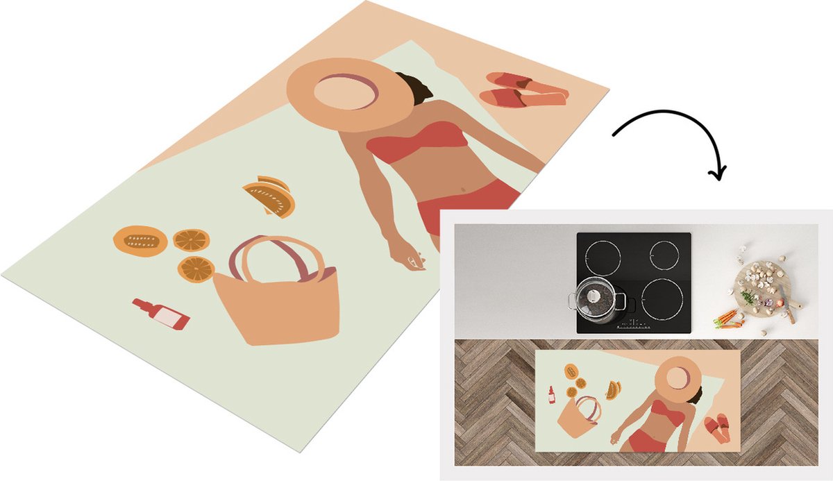 KitchenYeah Keukenloper - Loper keuken - Vrouw - Slippers - Hoed - Strand - Keukenloper vinyl multicolor, foto 2