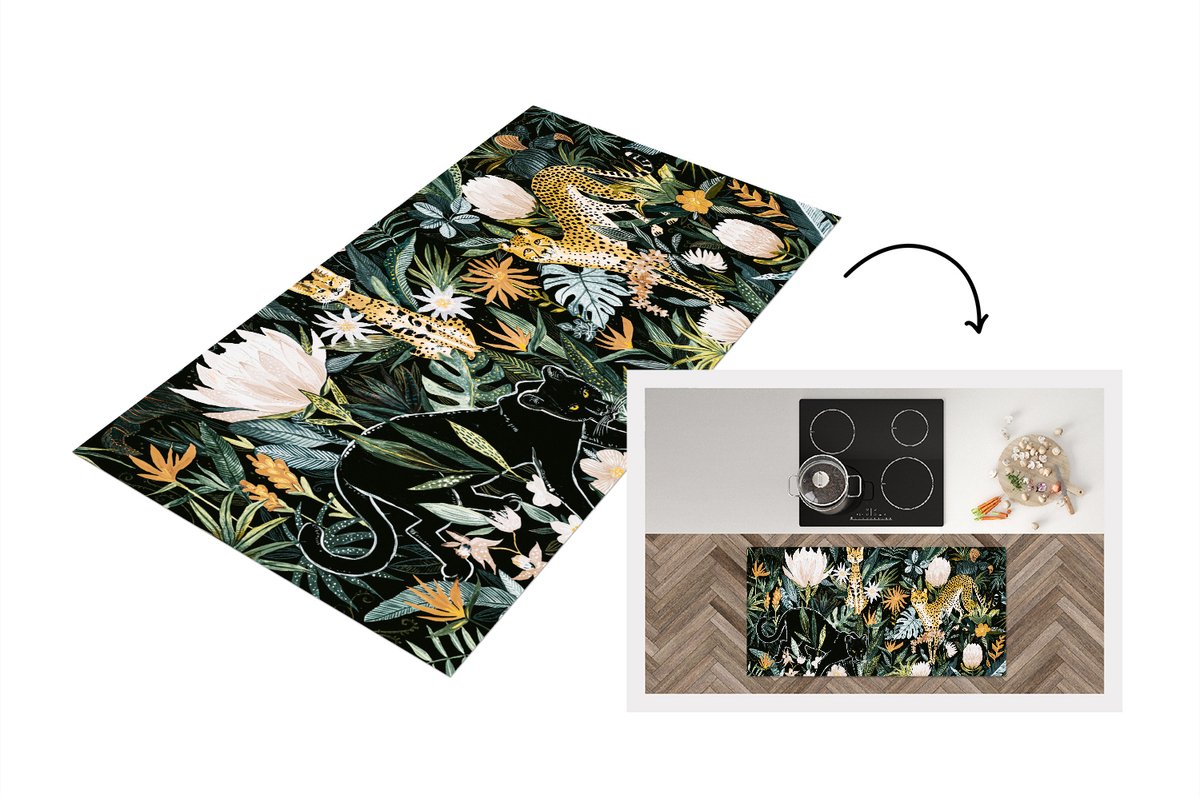 KitchenYeah Keukenloper - Loper keuken - Jungle - Planten - Kat - 120x60 cm - Keukenloper vinyl Multicolor